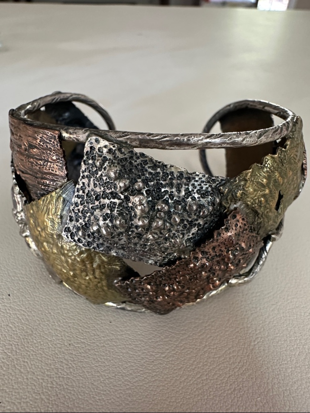 Davide Bigazze Repousse Textured Metal Cuff Bracelet - Sterling, Brass & Copper
